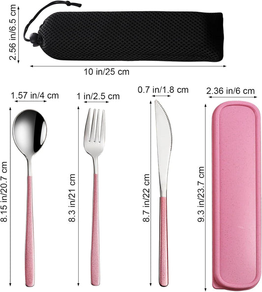 VANRA 3-Piece Portable Travel Utensils Set with Case 18/8 Stainless Steel Flatware Set Reusable Cutlery Set with Fork Spoon Knife for Lunch Travel Camping School Work Picnic (Pink)