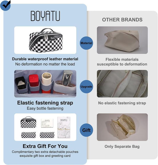 BOYATU Travel Makeup Bag Cosmetic Bags for Women: Large Make up Bags Set of 3 - Portable Makeup Organizer with Compartments&Handle&Divider - Waterproof PU Leather Toiletry Bag(Checkered Mix Black)
