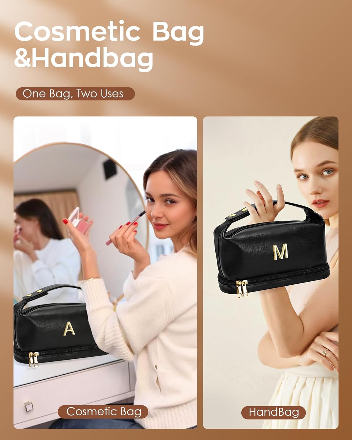 Girly Gifts, Makeup Bags Personalized Bags with Handle, Waterproof Double Layer Cosmetic Bag, Large Capacity PU Leather Makeup Bags Letter Travel Toiletry Bag with Makeup Brush Organizer