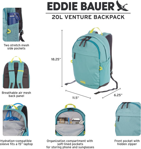 Eddie Bauer 20L Venture Backpack, Hydration and Laptop Compatible Daypack, Dusty Jade