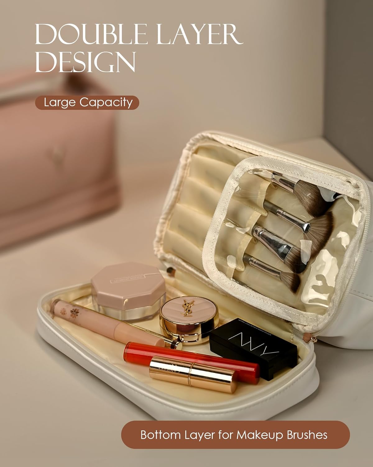 Cute Gifts for Women, Personalized Makeup Bag with Handle, Initial Double Layer Cosmetic Bag with Makeup Brush Organizer, Cute Cosmetic Pouch for Women, Gifts for Friends Female Mom