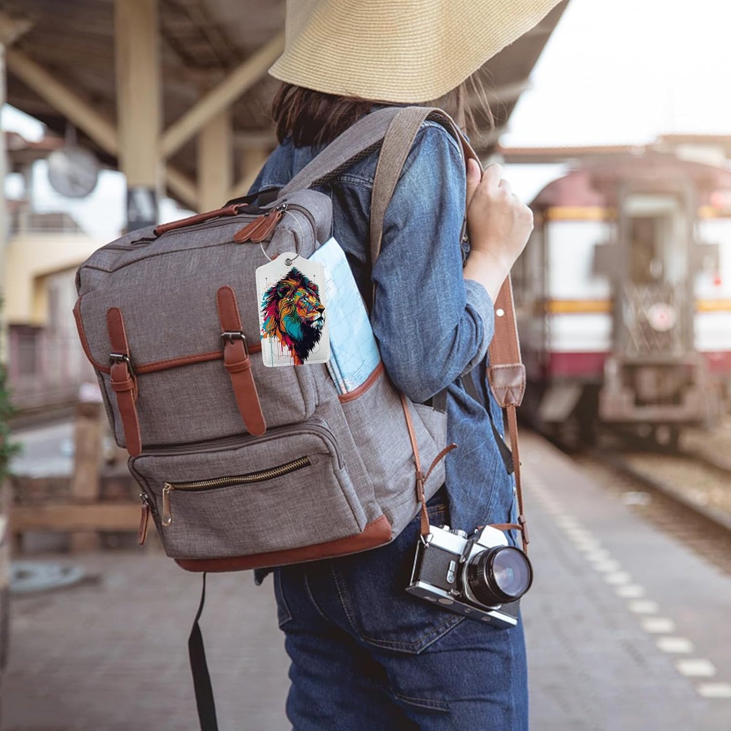 Colorful Lion in Pop Luggage Tags for Suitcases,Leather Bag Tags for Backpacks Handbag Instrument with Name ID Label Travel Essentials Baggage Tags 2 Pack