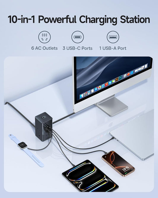 Baseus Charging Station 67W, 10-in-1 USB-C PD Fast Charging Desktop Charger with 1200J Surge Protection, 5ft Extension Cord, 6 AC, 3 USBC, 1 USBA Ports for iPhone 16/15, MacBook, Tablet, Desktop