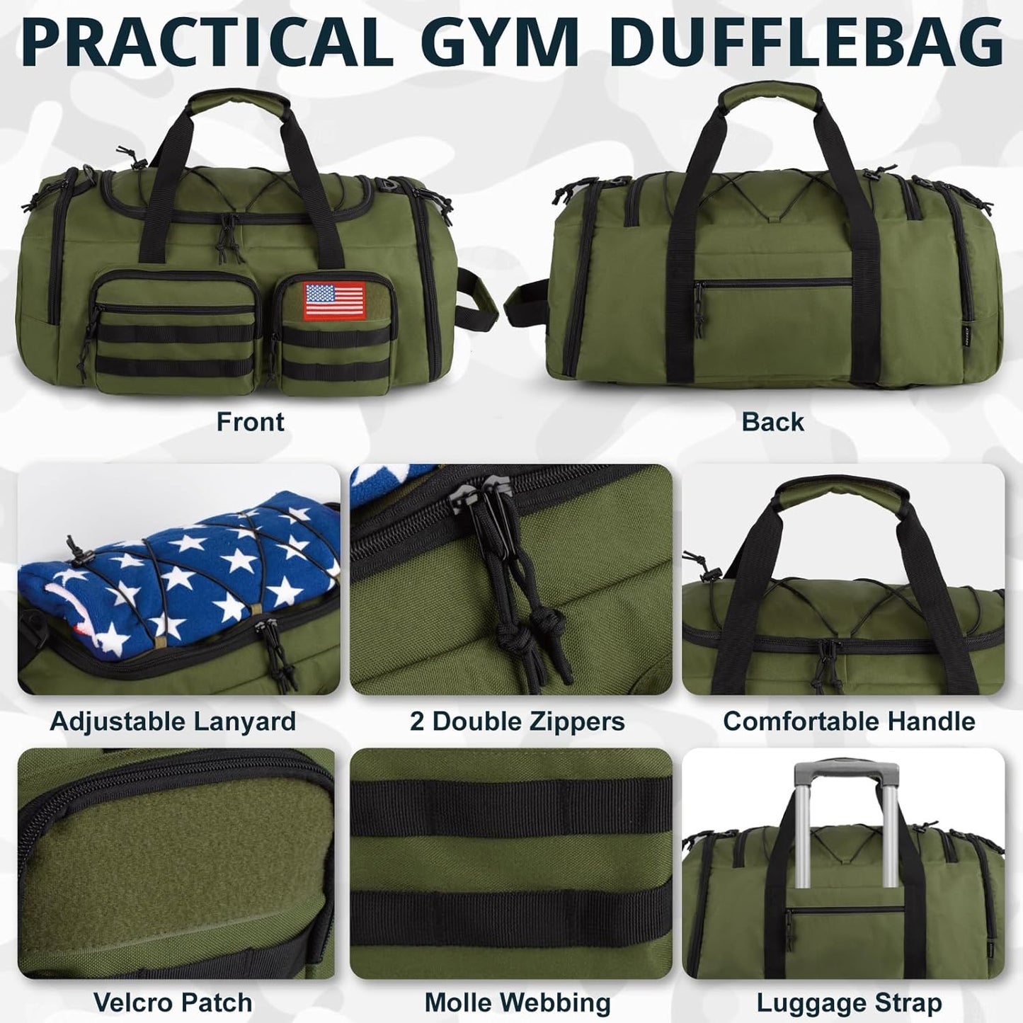 Tactical Gym Bag for Men,50L Large 3 in 1 Sports Duffle Bag with Shoes Compartment for Travel,Water Resistant Travel Backpack Weekender Overnight Bag with Wet Pocket for Women