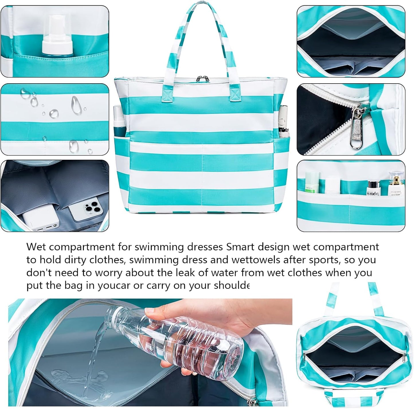 Beach Pool Bags Tote for Women Ladies Large Gym Tote Carry On Bag With Wet Compartment for Weekender Travel Waterproof