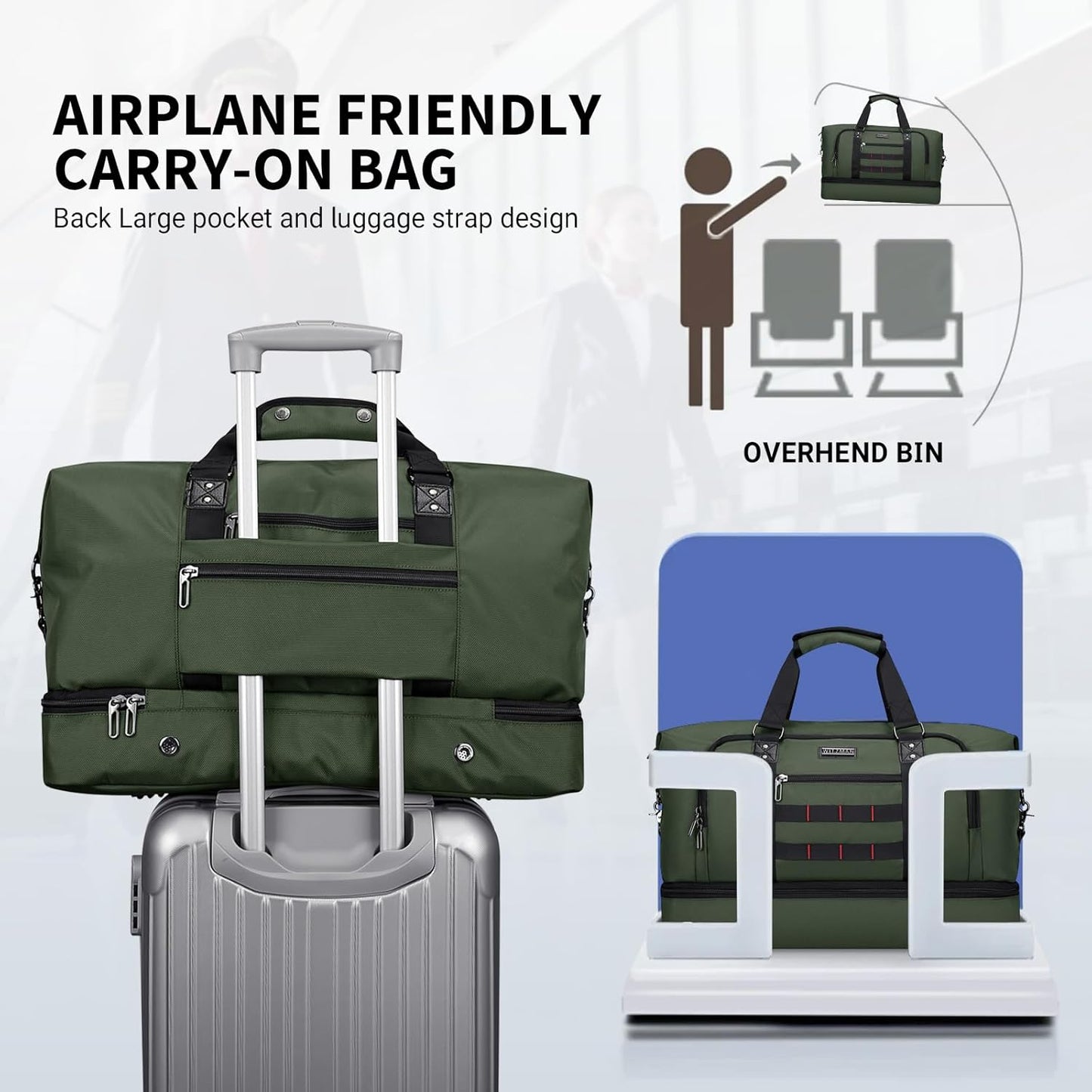 WITZMAN Travel Duffle Bags for Men Weekender Bags with Toiletry Bag Sets Carry On Overnight Bag 55L (B696 Army Green)