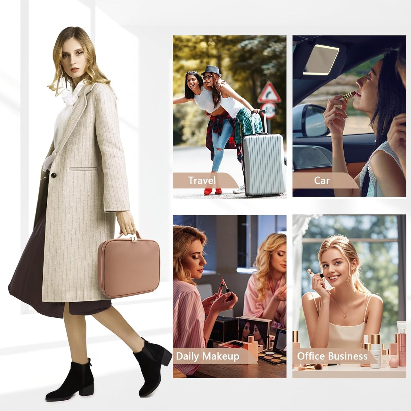 Travel Makeup Bag for Makeup Artists Large Makeup Case,with Mirror 3 Color Setting and Detachable 10x Magnifying Mirror Travel Makeup Bag,Portable Storage and Adjustable Dividers(khaki)