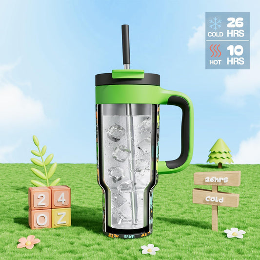 24 oz Kids Tumbler with Straw for Boys: Leakproof, Cold for 26 Hrs, Hot for 10 Hrs, Durable Handle, Insulated Stainless Steel Cup for Daycare, School, Classroom, Playtime, Birthday, Gift (Dino Rawr)