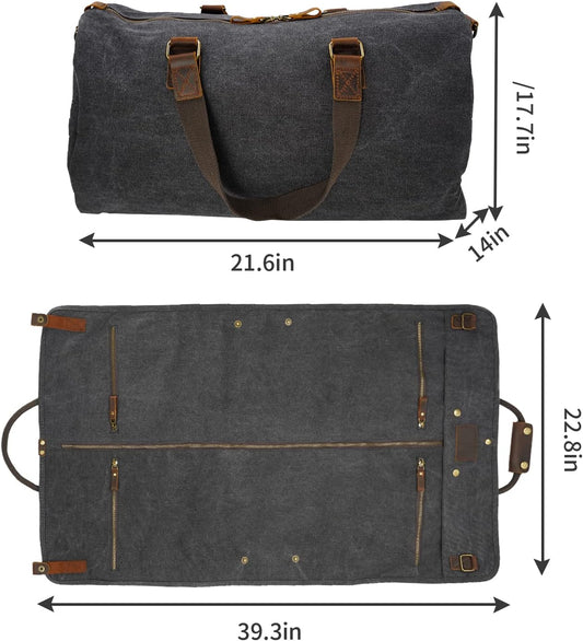 2 in 1 Canvas Leather Suit Luggage Garment Bag with Shoulder Strap for Travel and Business Trips (Black)