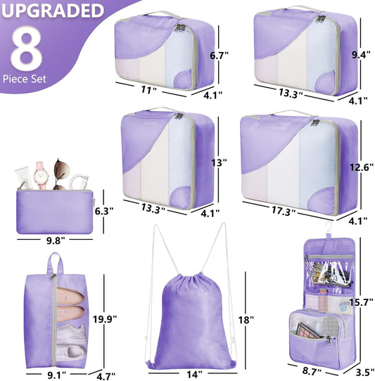 8 Set Packing Cubes for Travel, Gifts for Women Mom,Anti-Tearing Suitcase Organizer for Luggage with Shoe & Hanging Toiletry Bag,OlarHike Vacation Essentials & Accessories for Cruise Ship,Purple