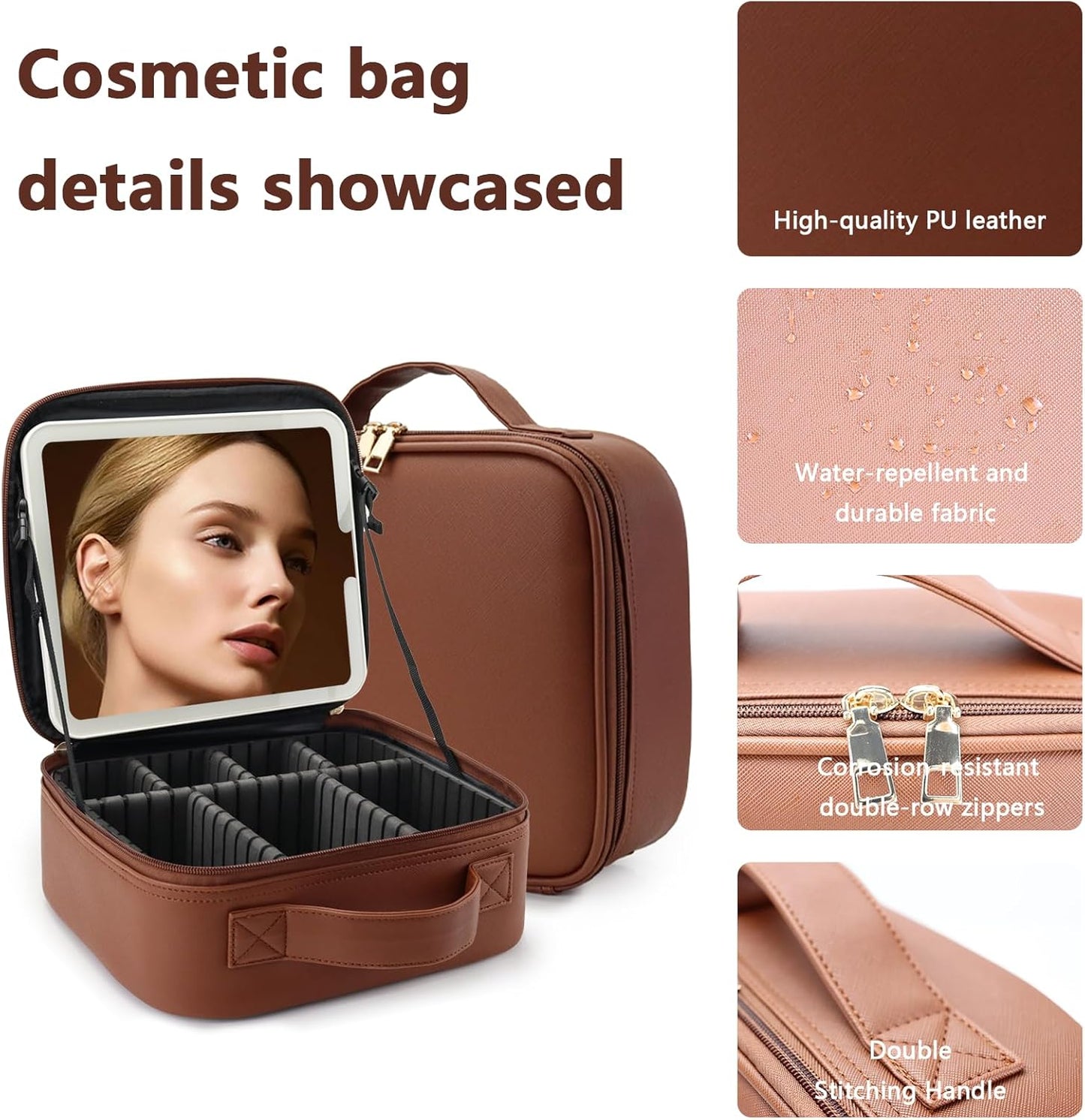 Travel Makeup Bag for Women and Makeup Artists Cosmetic Organizer Large Makeup Case,Travel Makeup Bag with Mirror 3 Color Setting,Portable Storage and Adjustable Dividers(Dark brown)