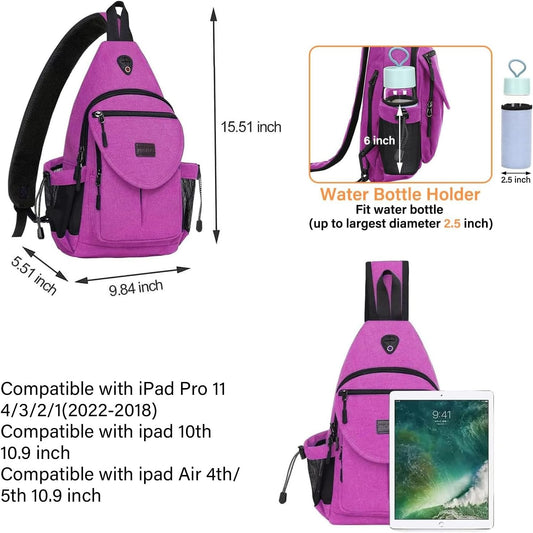 MOSISO Sling Backpack,Canvas Crossbody Hiking Daypack Bag with Anti-theft Pocket, Rose Red