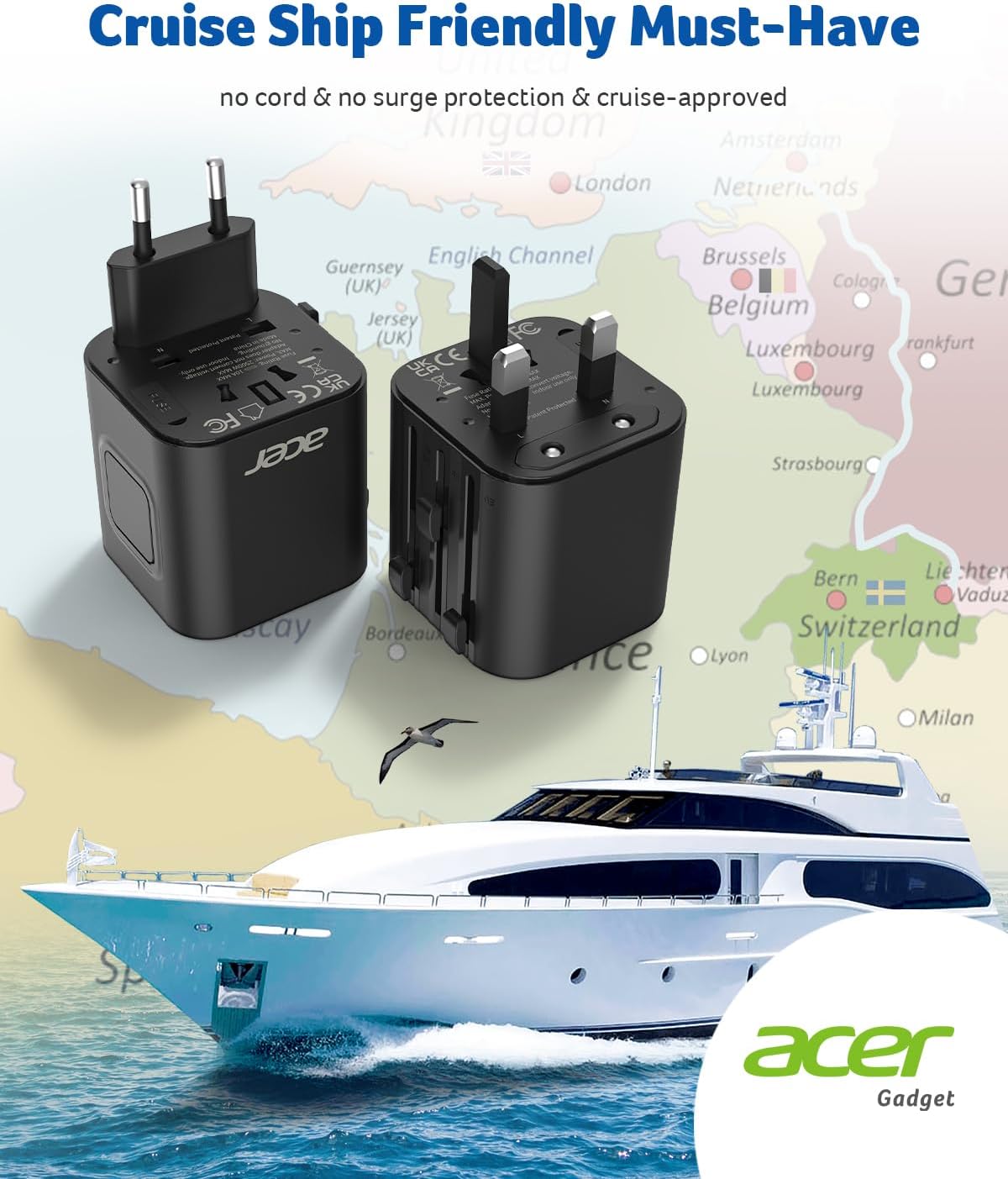 Acer US to Europe Plug Adapter, Universal Travel Adapter, International Power Adapter for USA to Europe UK France Germany Spain Ireland Australia (Type C/G/A/I),Black