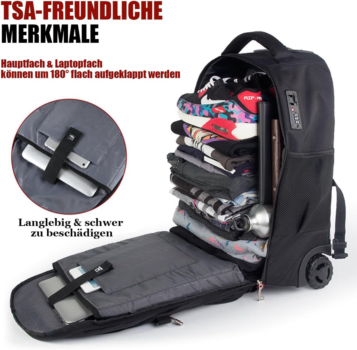 Extra Large Rolling Backpack with Wheels - Water-Resistant, 18" Laptop Compartment, 22.5"x15"x10", 55L Capacity, Ideal Carry-On for Weekend Travel, College, Work - Wheeled Business Backpack for Adults