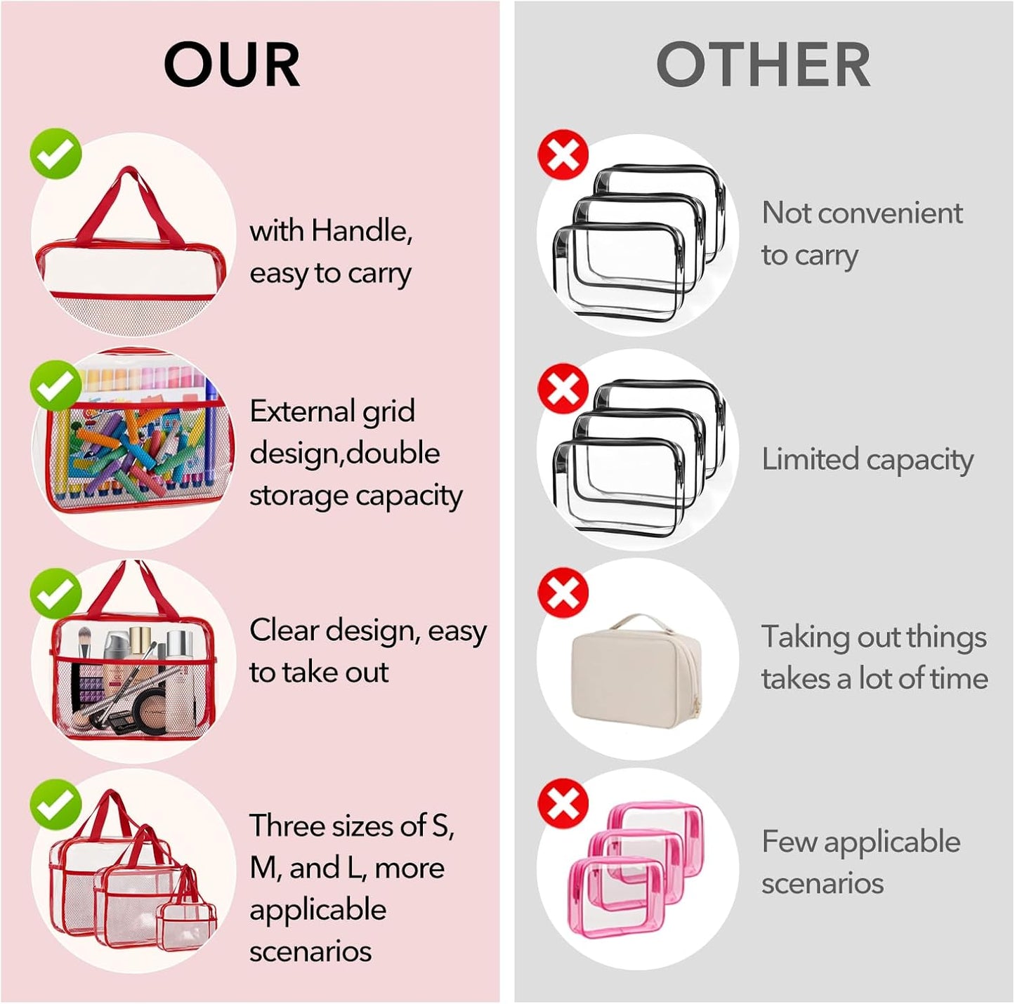 XEWEA Clear Travel Toiletry Bags, 3 Pack TSA Approved Transparent Makeup Bag for Men Women, Large Waterproof PVC Quart Organizer Kit with Zipper for Toiletries Airline Essential,Toy Storage Pouch Red