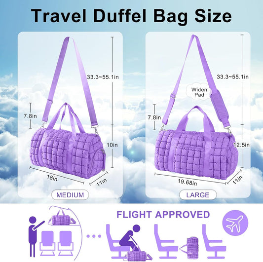Quilted Travel Duffle Bag Gym Bag for Women,Large Puffer Duffle Weekender Bag with Compartment,Workout Overnight Carry on Organizer Bag Duffle Bag for Airplane Travel(L-Purple)