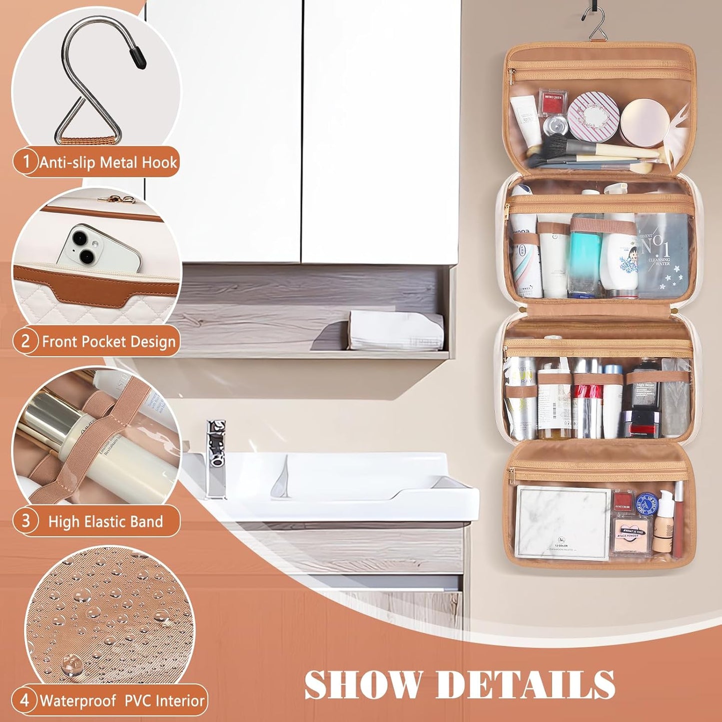 Travel Toiletry Bag for Women Hanging Travel Toiletry Organizer for Full-sized Toiletries Portable Water-resistant Travel Bag with Hanging Hook and 4 Compartments for Travel Essentials and Cosmetics