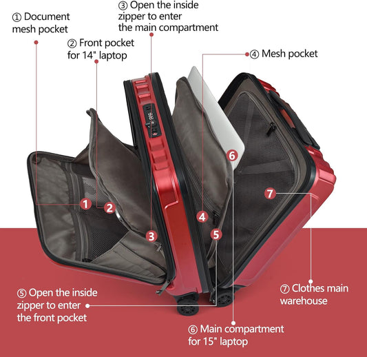 TydeCkare 16" Carry on Luggage with 2 Laptop Compartments, Lightweight Hardshell ABS+PC Suitcase with Dual Control TSA Lock, with YKK Zipper, 4 Spinner Silent Wheels, for Business Travel, Wine Red