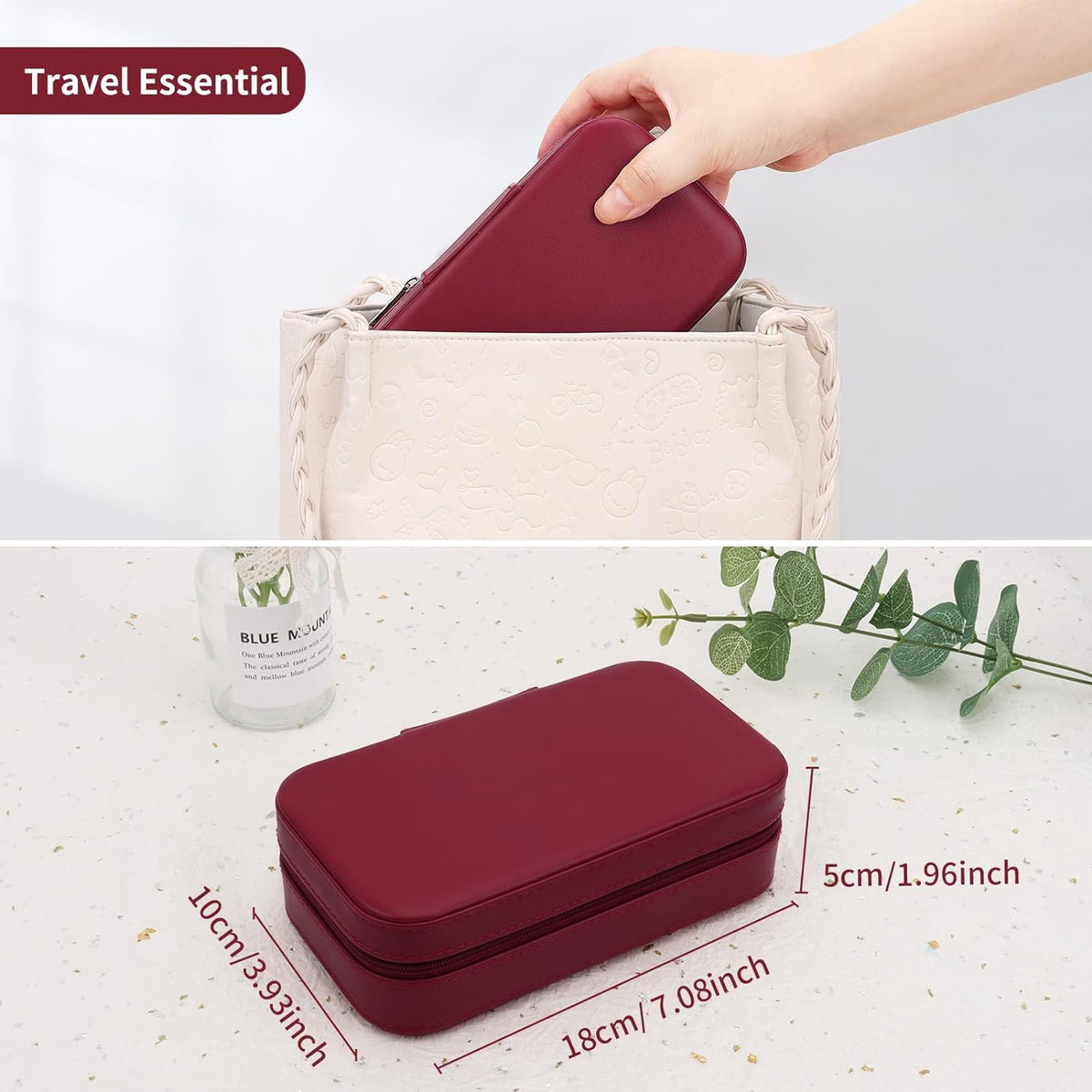 DesignSter Travel Jewelry Box, PU Leather Portable Jewelry Case, Small Jewelry Boxes for Gifts, Travel Jewelry Organizer for Women Rings Earrings Necklaces Bracelets (Wine Red)