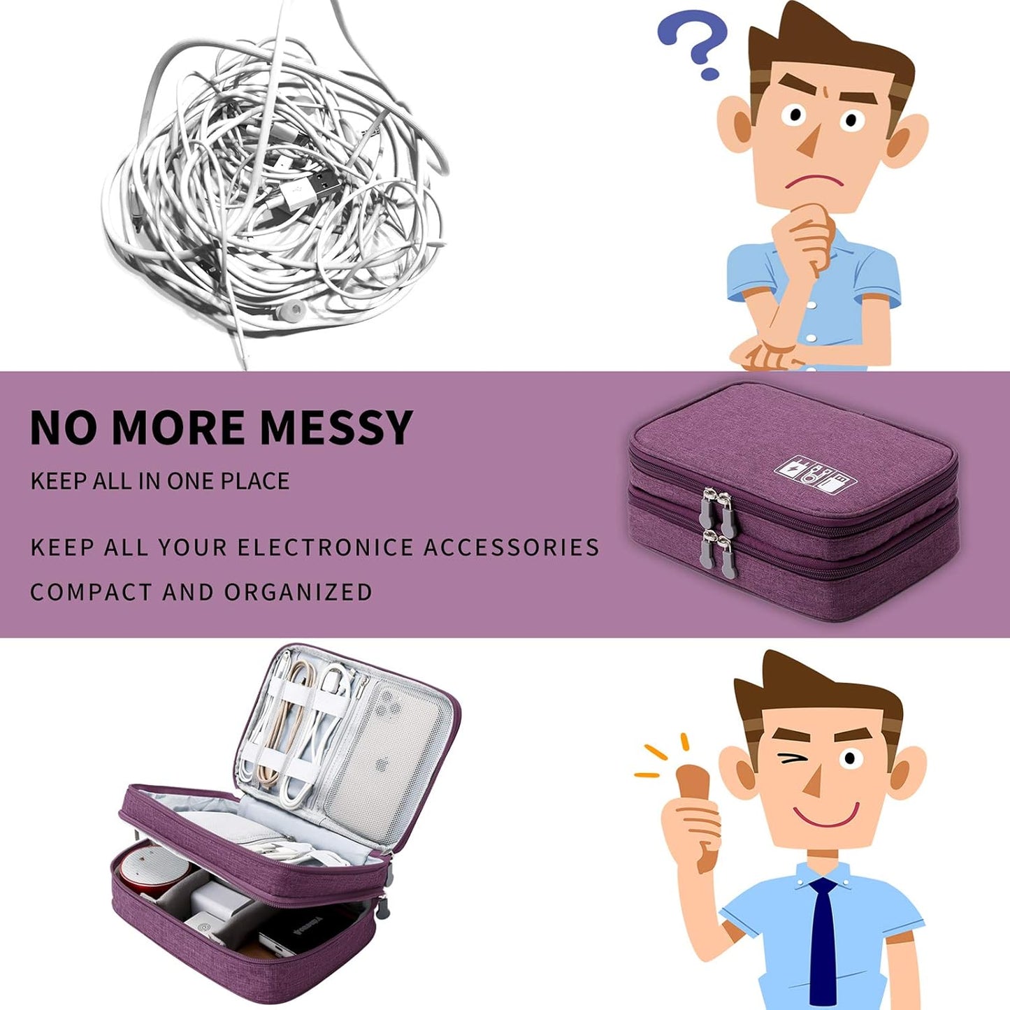 Lanola Travel Cable Organizer Bag, Electronic Accessories Case Portable Double Layer Cable Storage Bag for Cord,phone,Charger, Flash Drive, Phone, SD Card,Personal Items - (Purple)