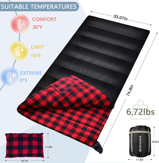 0 Degree Sleeping Bag Cotton Flannel Winter Cold Weather for Adults XXL Sleeping Bag 4 Season Big and Tall with Pillow Compression Sack