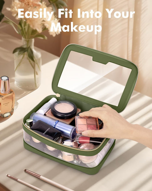 Travel Clear Makeup Bag with Makeup Brush Bag, Leather Makeup Case Toiletry Bag, Portable Cosmetic Bag Case, Transparent Waterproof Cosmetic Organizer Storage Bag for Women, Green
