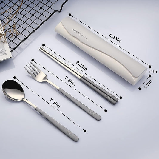 DEVICO Portable Travel Utensils with Case, Reusable Camping Silverware for Lunch, 18/8 Stainless Steel Cutlery Set (Gray)