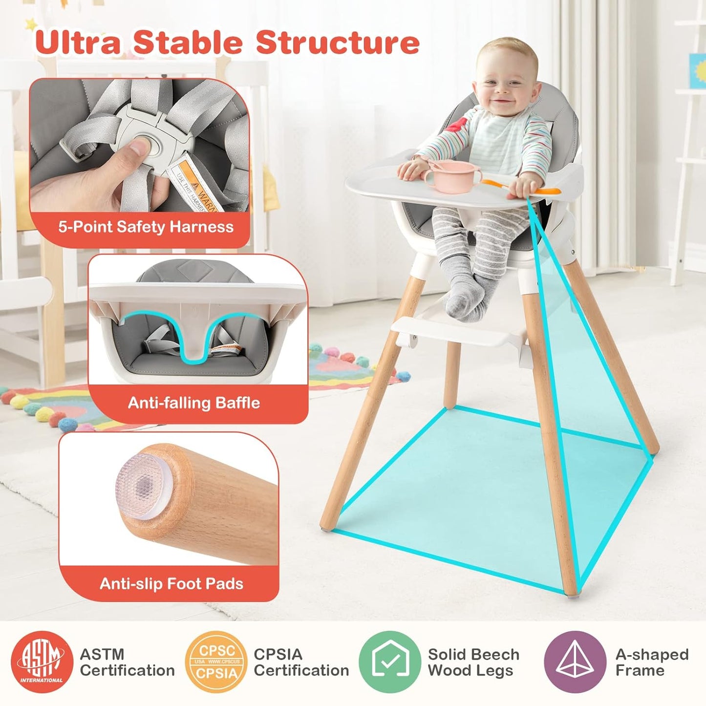 HONEY JOY Baby High Chair, 6 In 1 Convertible Wooden Highchair for Babies and Toddlers/Toddler Chair/Bar Stool, Removable Double Tray & Reversible Footrest, Safety Harness for Infant Boys Girls (Gray)