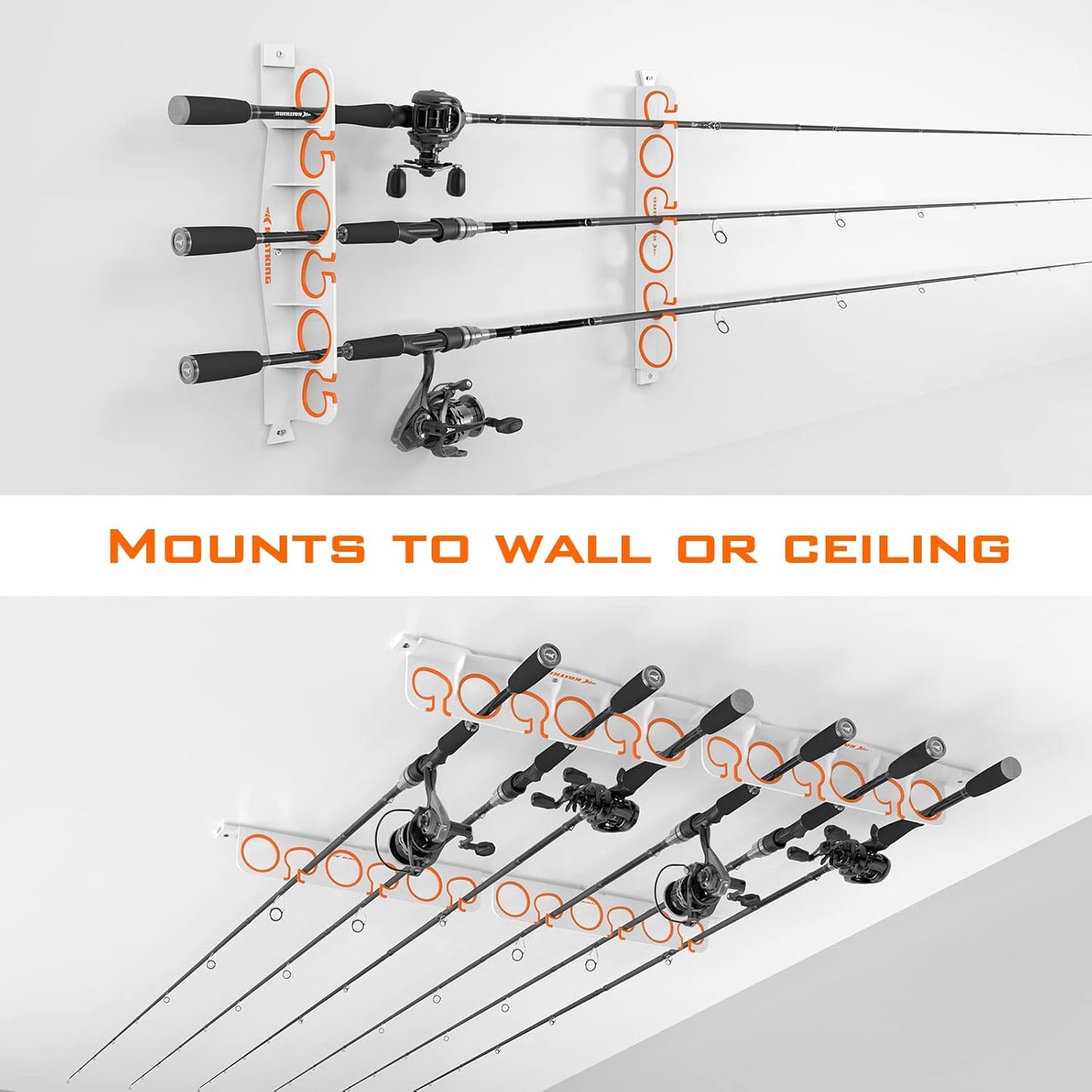 KastKing SafeGuard Fishing Rod Holder for Garage, Wall or Ceiling Mounted Fishing Rod Rack Storage Organizer, Fishing Pole Holder Holds 12 Rods or Combos in Less Than 36 Inches
