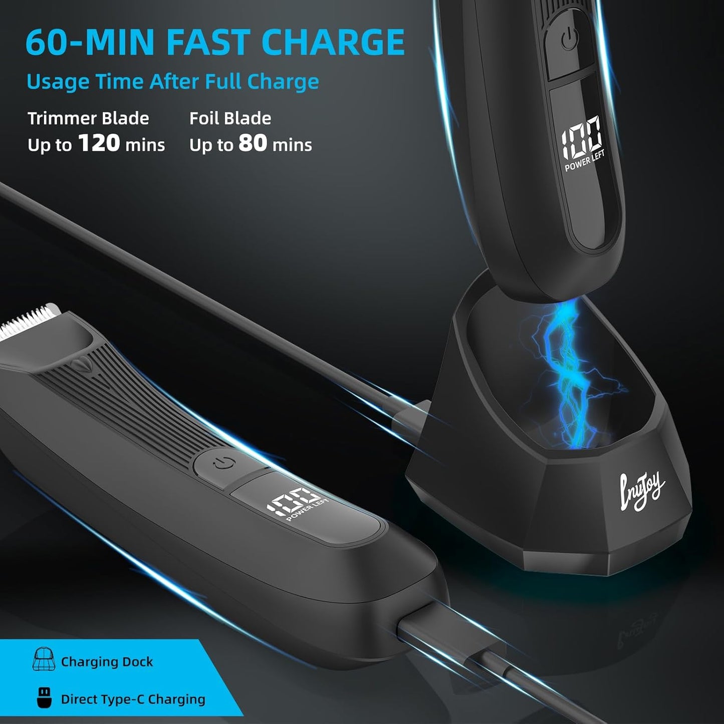 INVJOY Manscape Body Trimmer for Men, Waterproof Electric Razor/Shavers with Dual-Head for Facial, Pubic & Groin Hair Grooming, Ceramic & Foil Blades Hair Trimmer with LED - Birthday Gift for Him Dad