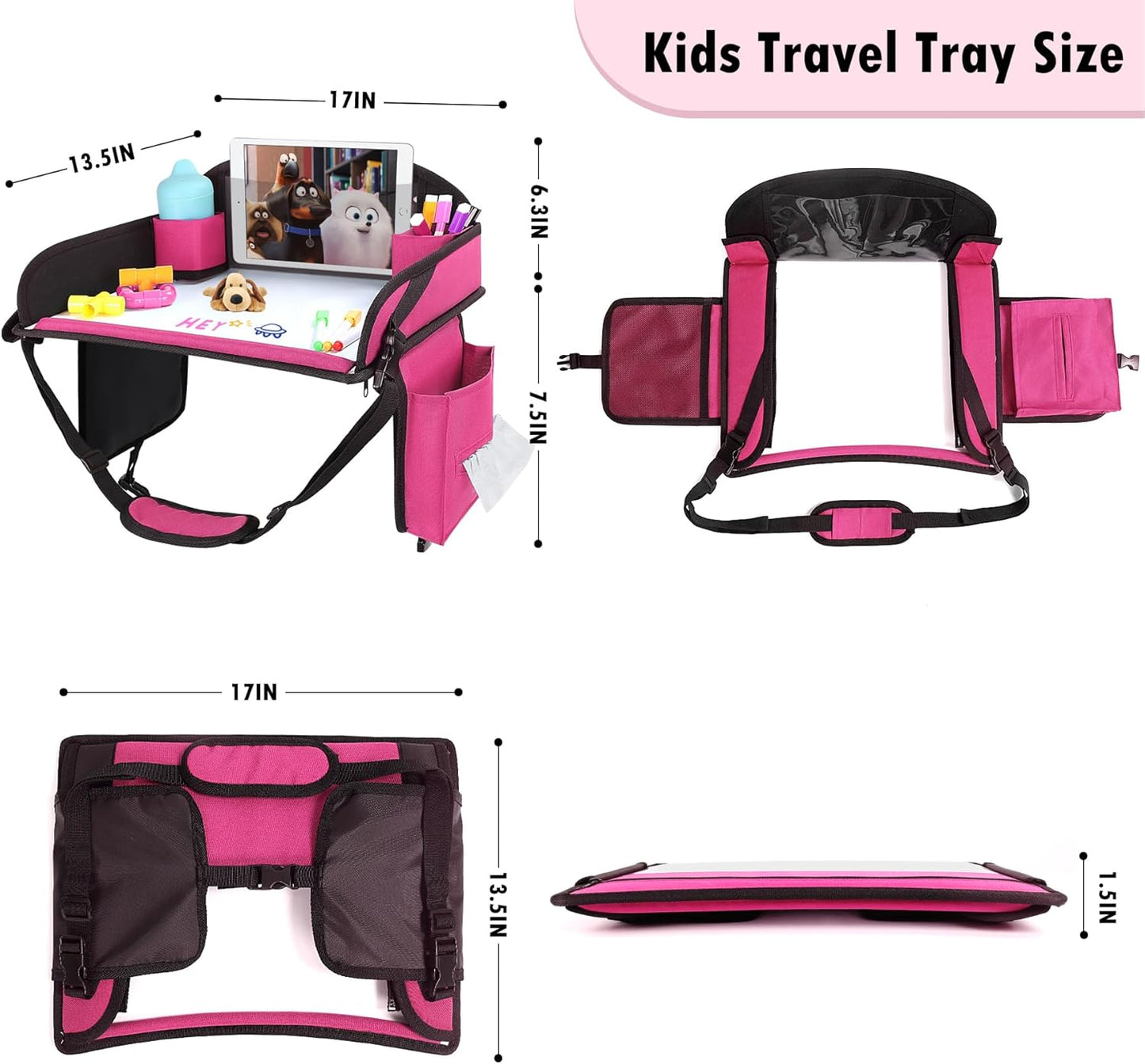 Kids Travel Tray for Airplane - Toddler Car Seat Table Tray, Road Trip Essentials for Boys & Girls, Carseat Lap Desk for Kids Road Trip Activities (Pink-2PCS)