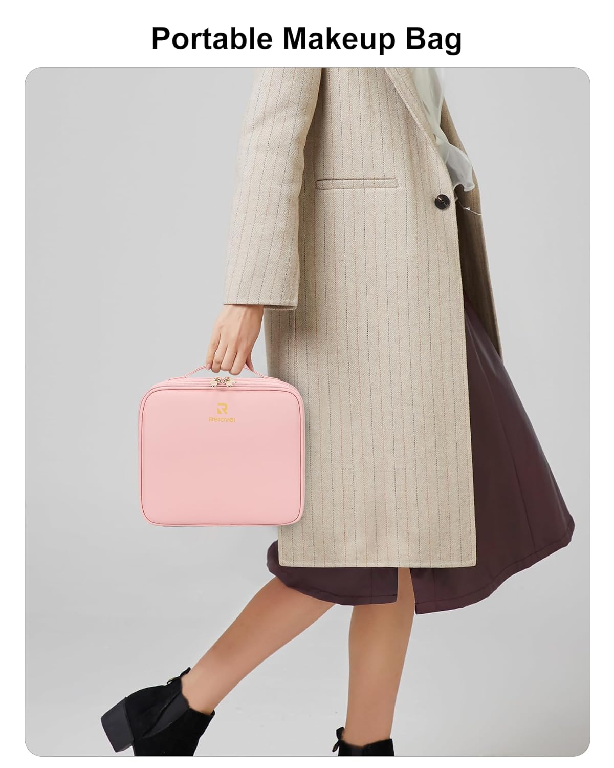 Relavel Makeup Bag with LED Mirror, Small Travel Makeup Case with Rechargeable Lighted Mirror 3 Color Lights, Double Layer Cosmetic Box Makeup Brush Lipstick Holder Organizer for Women, Pink