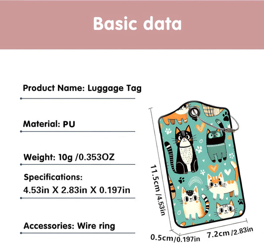 Luggage Tags for Suitcases, 2-Pack PU Leather for Cruise & Travel, Baggage ID Tags with Privacy Cover & Address Card, Durable Metal Ring, Kids Adults Travel Accessories, Cute Cat Print