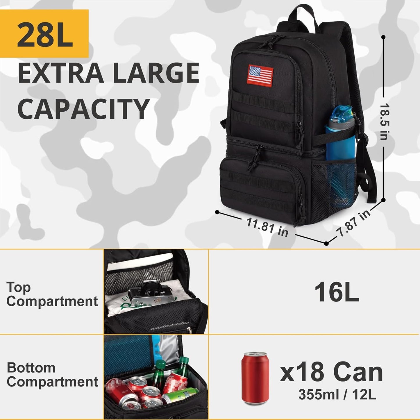 Tactical Double Deck Cooler Backpack for Men,Large Lunch Backpack with 2 Compartment,Soft Cooler Bag