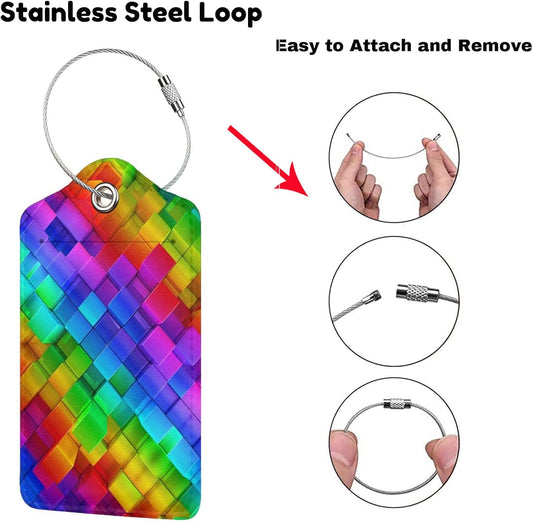 2 Pcs Colorful Geometric Luggage Tags for Suitcases, Bright Rainbow Leather Baggage Tags for Luggage with Privacy Name Address Identifiers Labels & Durable Steel Loop for Women Men Travel
