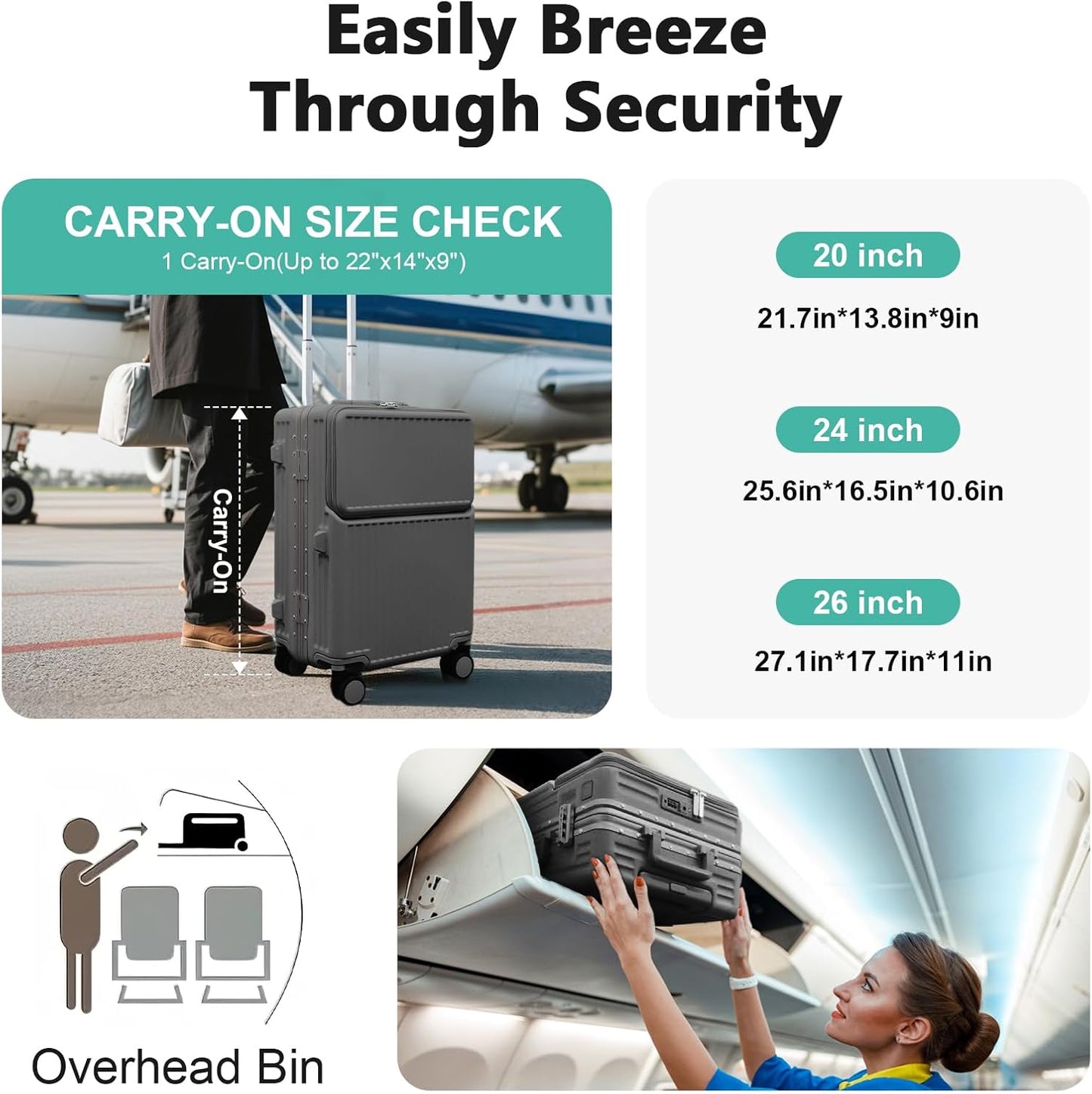 Hard Shell Luggage 20 Inch Travel Suitcase, 22x14x9 Airline Approved with TSA Lock, ABS Aluminum Frame, Lightweight Travel Luggage 20'' 24'' 26'' Carry-on Luggage (Upgraded Grey, 20 Inch)