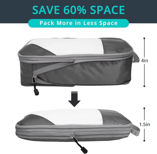 7 Set Compression Packing Cubes for Travel - Compressible, Lightweight, and Space-Saving Packing Cubes, Travel Essentials for Women, Grey