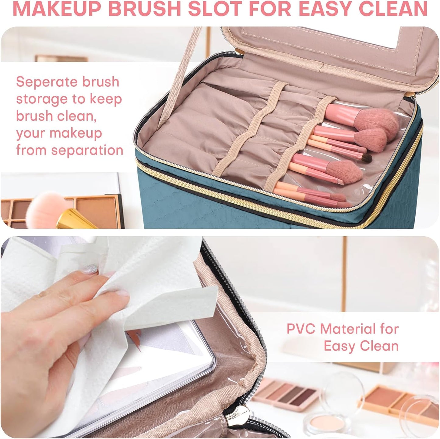 Large Makeup Bag with Mirror Double Layer Travel Make Up Organizer Case, Large Capacity Coemetic with Brush Slot Divider, Travel Toiletry Bag for Women (Lake Blue)