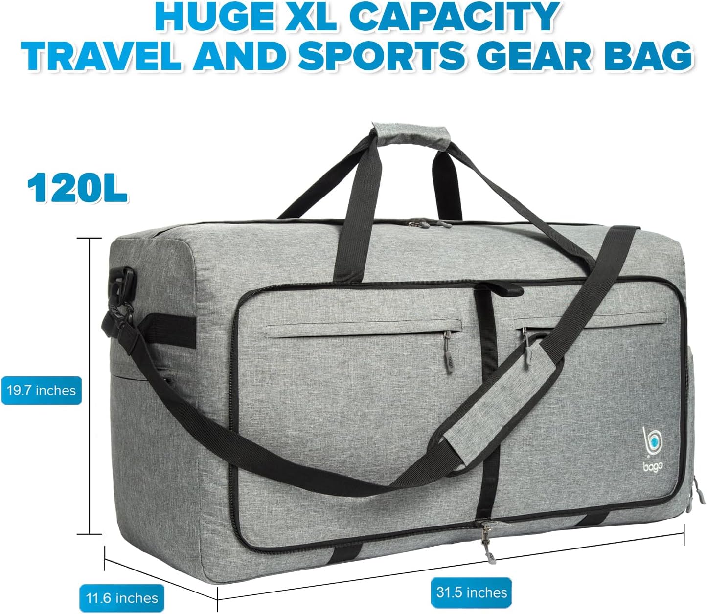 Bago Large Foldable Duffel Bags for Traveling Women & Men - 120L Packable Duffle Bag for Travel with Shoe Compartment - Water Repellant, Heavy Duty, Lightweight Folding & Collapsible (SnowGray)