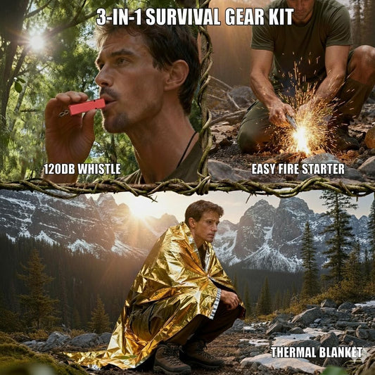 Professional 3-in-1 Survival Kit: Emergency Blanket, 120dB Whistle & All-Weather Fire Starter | Ultimate Safety Gear for Camping, Hiking, Car Emergencies & Storms (3-in-1 3pcs)