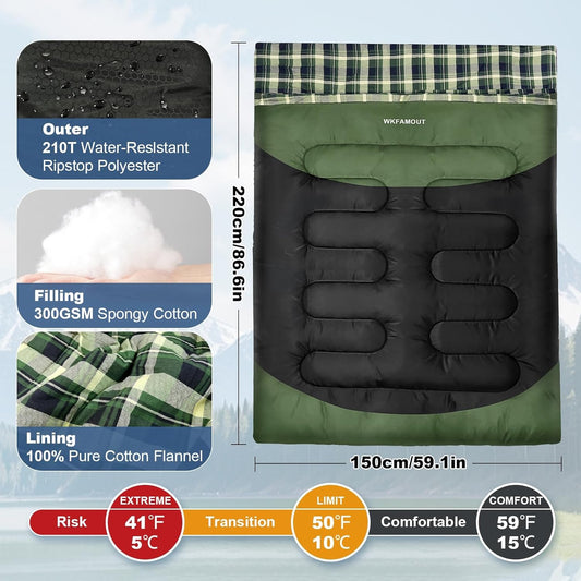 Double Sleeping Bag for Adults Machine Washable 2 Person Camping Sleeping Bag Queen Size Waterproof with Compression Sack for Cold Weather 3-4 Seasons