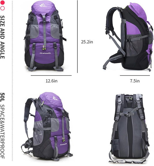 Bseash 50L Hiking Backpack, Water Resistant Lightweight Outdoor Sport Daypack Travel Bag for Camping Climbing Skiing Cycling (Purple - No Shoe Compartment)