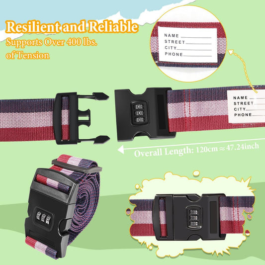 Adjustable Luggage Straps with Combination Lock – 2 Pack Bright Colors, Quick-Release Buckle, Secure Travel Luggage Straps for Added Safety(Tricolor)
