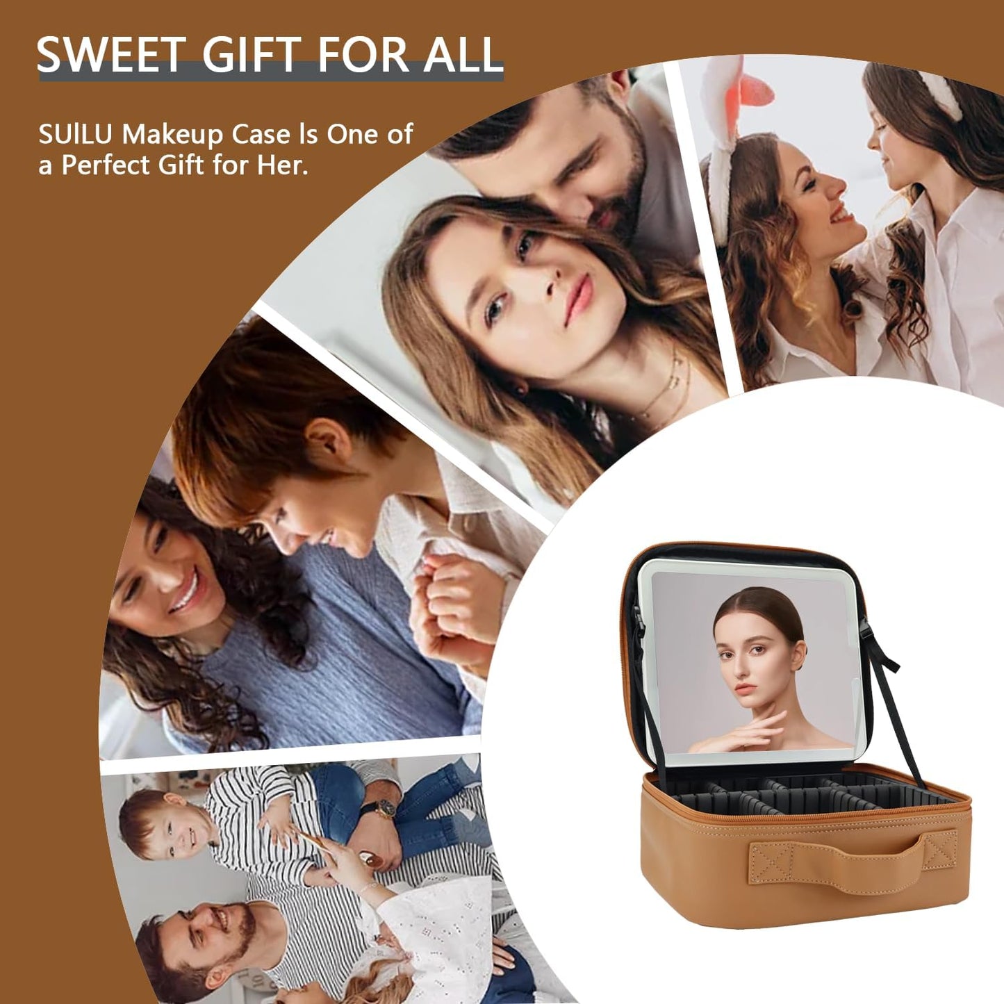 Makeup Bag with Led Mirror,Travel Makeup Organizer with 3 Color Setting, Portable Storage and Adjustable Dividers Travel Makeup Bag(brown)