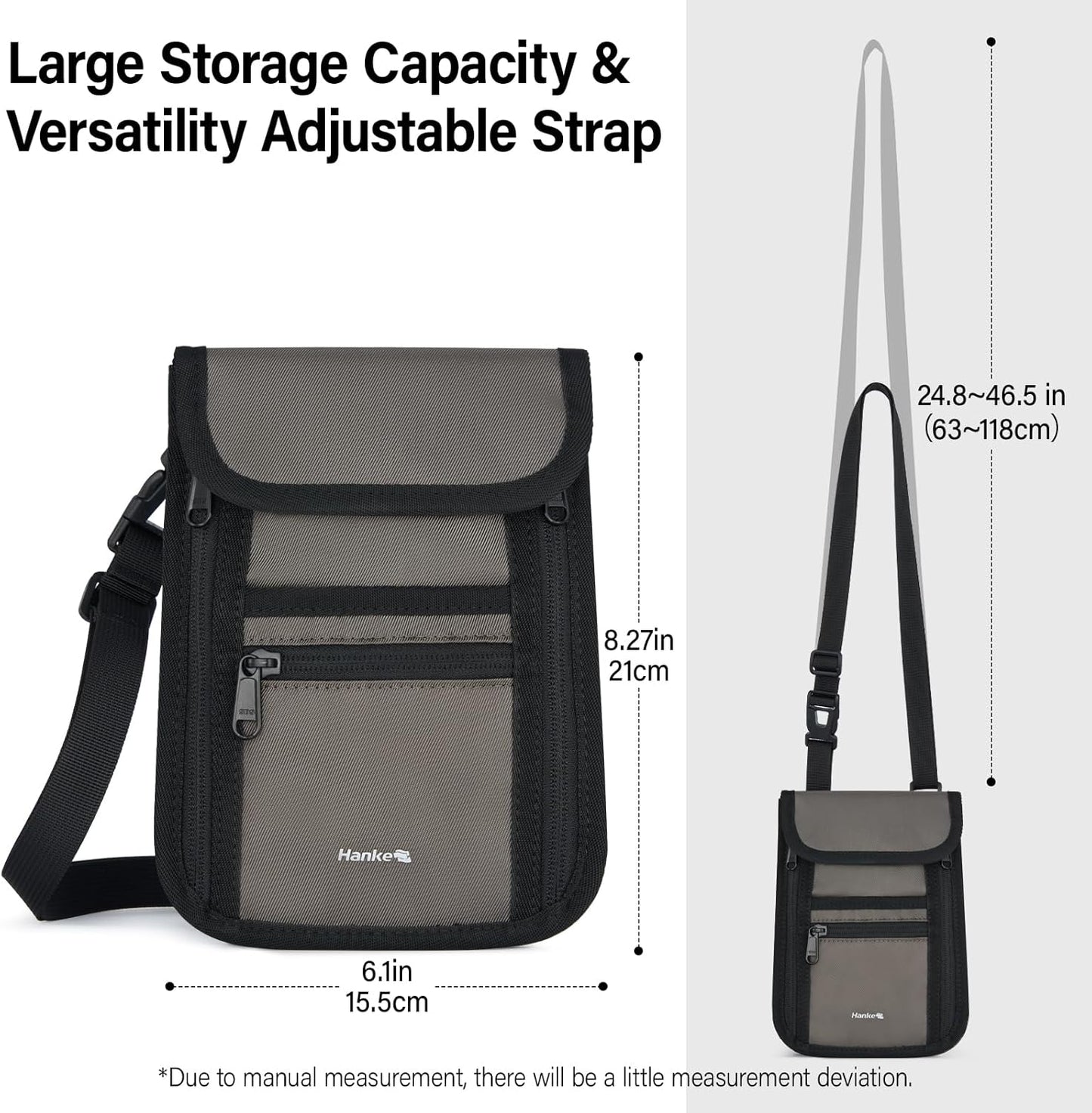 Hanke Passport Holder, Travel Wallet for Womens and Men, Neck Wallet Hidden Passport Pouch for Travel Adjustable Lightweight Thin with 6 compartments (Dark Grey)