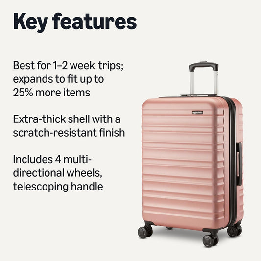 Amazon Basics 26" Hardside Medium Checked Luggage, Hardshell Suitcase With Wheels, Expandable For Up to 15% More Space, With Scratch-Resistant Surface, Four Multi-directional Wheels, Rose Gold