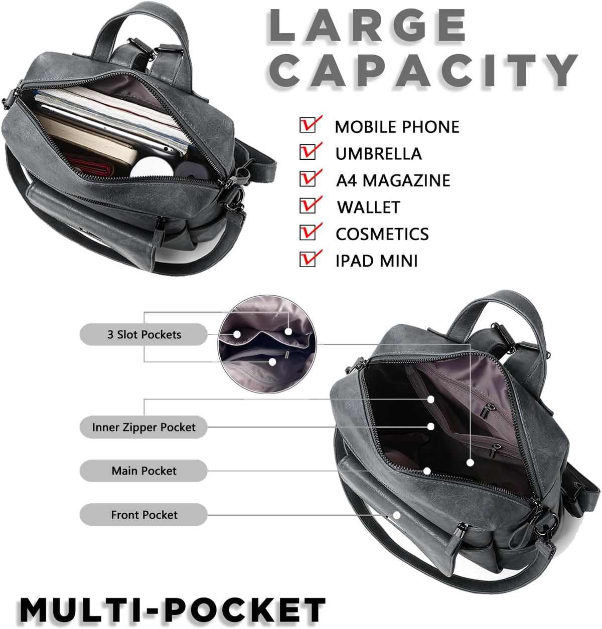 PU Leather Backpack Purse for Women Fashion Multipurpose Design Handbag Ladies Shoulder Bags Travel Backpack Blue Grey