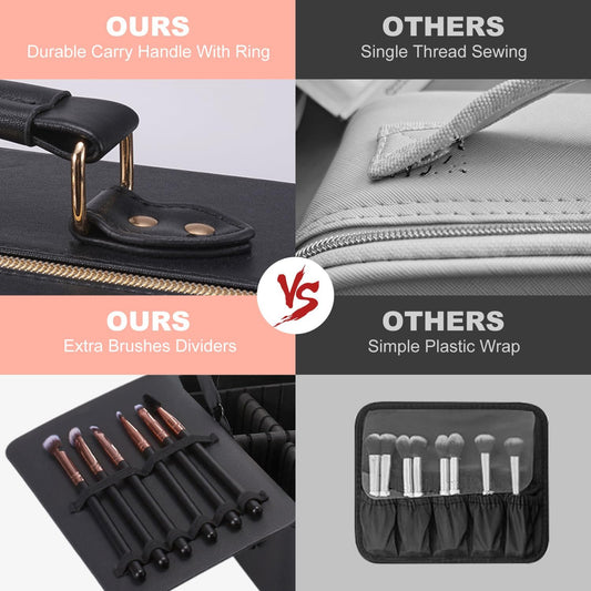 Mocado Travel Makeup Bag with LED Lighted Mirror,Makeup Case with 3 Color Lighted Setting and 10x Magnifying Mirror, Portable Storage and Adjustable Dividers (Black with Hard Leather)