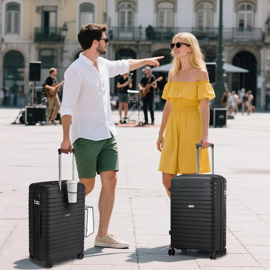 Kono 24 Inch Expandable Luggage Suitcase with Spinner Wheels, Durable Hardside Checked Luggage with Hidden Cup Holder, Lightweight Hard Shell Medium Suitcase with TSA Lock(Black)