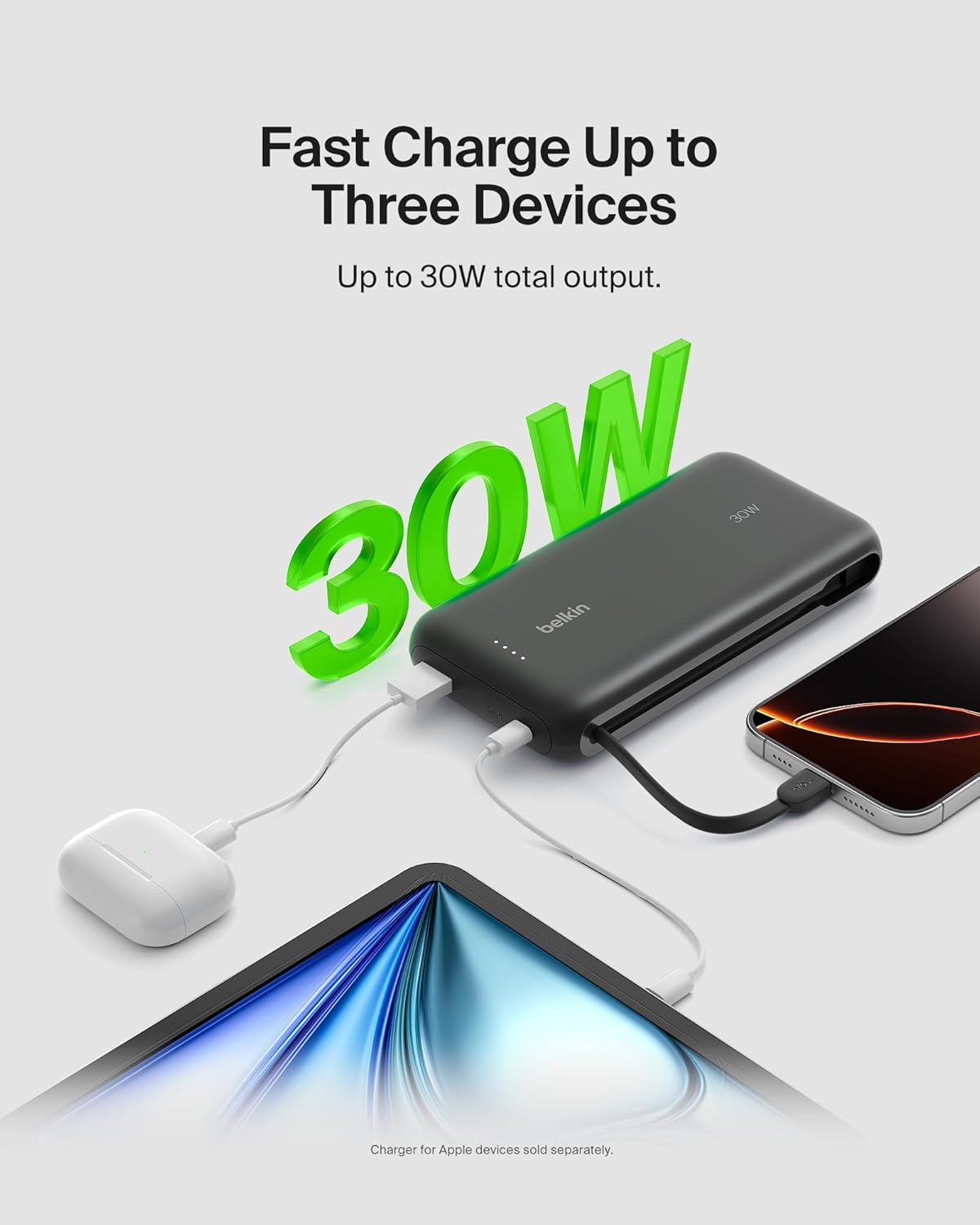 Belkin Portable Charger, Power Bank with Integrated Cable 20000 mAh 30W - Fast Charging USB C Power Delivery, iPhone Charger - iPhone 16 Series, iPad Pro, Galaxy S25 Series, & More - Black
